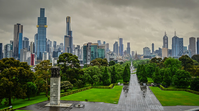 View of Melbourne city skyline on rainy day from the Shrine of Remembrance - Melbourne VIC Australia
