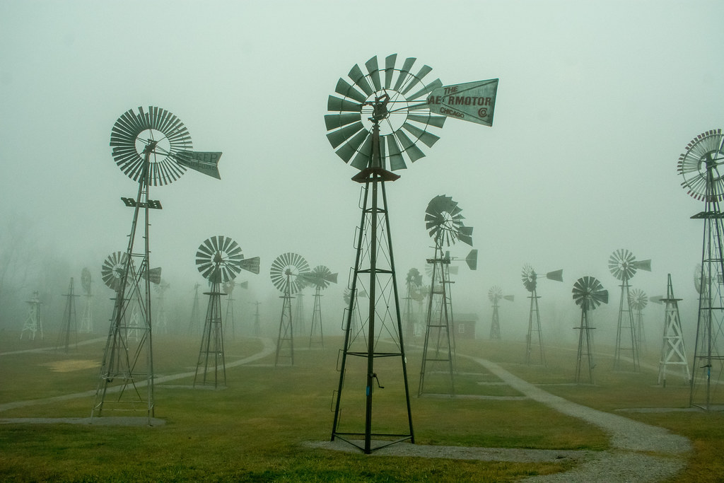 Windmills in the fog