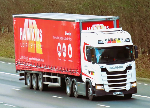 Hawkins Logistics, Scania 500S (EX72NJO) On The A1M Northbound, Fairburn Flyover, North Yorkshire 11/12/23