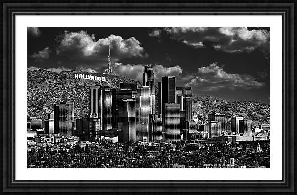 Downtown Los Angeles skyline with the Hollywood sign in the background - black and white Framed Print