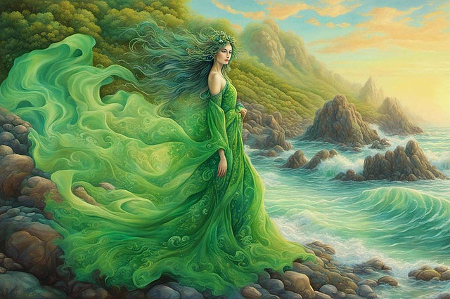 Woman in Green by the Ocean
