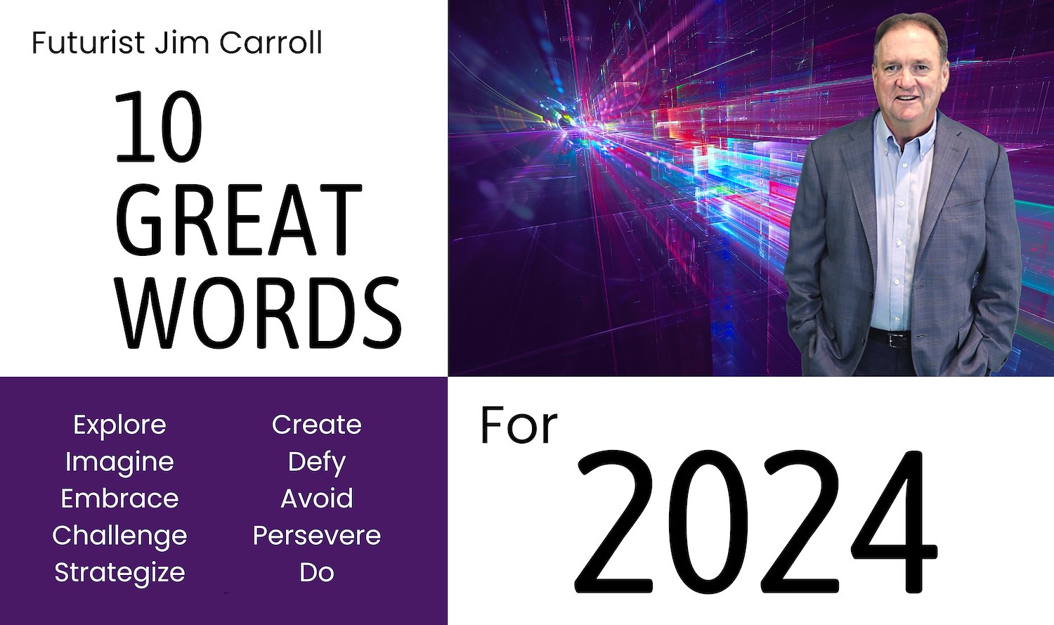 "10 Great Words for 2024 - Explore, Imagine, Embrace, Challenge, Strategize, Create, Defy, Avoid, Persevere, Do!" - Futurist Jim Carroll