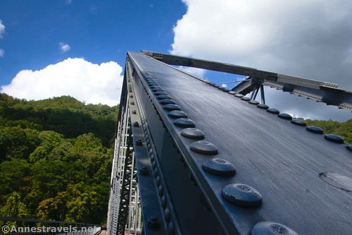 Looking up the rivets of the Tunney Hunsaker Bridge on Fayette Station Road, New River Gorge National Park, West Virginia
