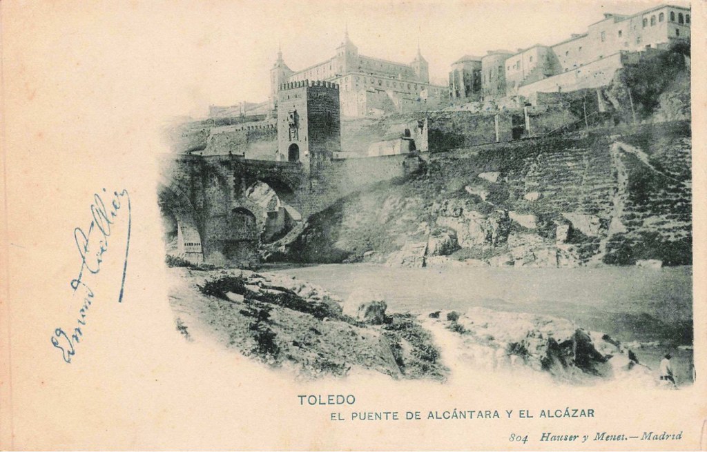 Puente de Alcántara  a finales del siglo XIX. Postal de Hauser y Menet.