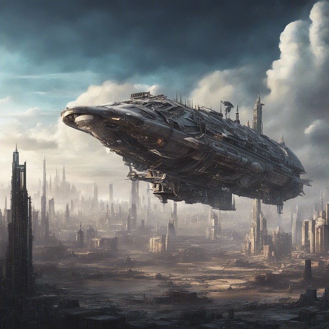 Sentinel of Desolation: Bionic Spaceship Soars Above Post-Apocalyptic City - Highly Detailed