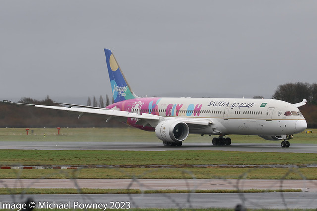 HZ-ARB - 2015 build Boeing B787-9, vacating Runway 23R on arrival at Manchester