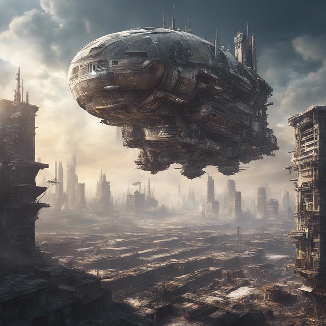 Sentinel of Desolation: Bionic Spaceship Soars Above Post-Apocalyptic City - Highly Detailed