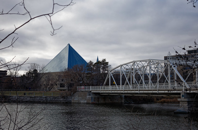 Minto Bridge and Glass Pyramid part of the Old City Hall on Green Island, Ottawa.
