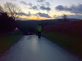 UK - Herefordshire - Near Kington - Walking down Bradnor Hill at sunset