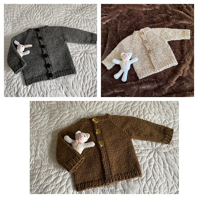 Lise (Mattedcat) knit these three baby cardigans using a personal pattern.