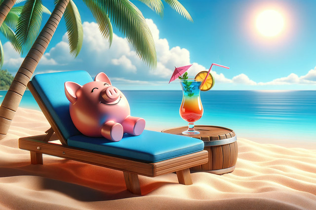 Sparschwein am Strand mit Cocktail