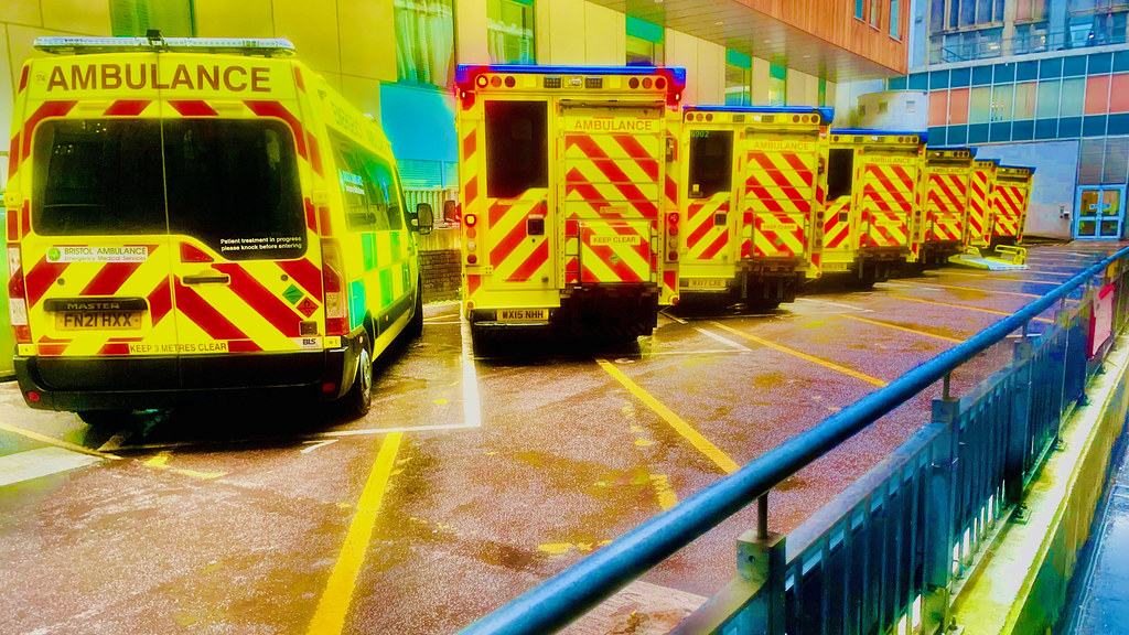 Waiting ambulances at a busy A&E department.