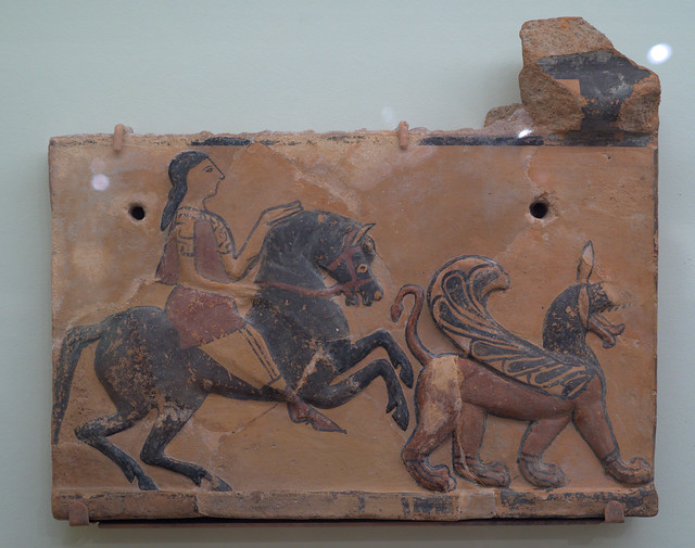 Lycian polychrome architectural terracotta with horseman and gryphon
