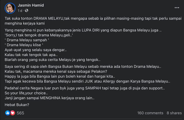 "Ada Yang Jijik Tengok Drama Melayu, Jangan Hina Kerjaya Kami,"- Jasmin Hamid