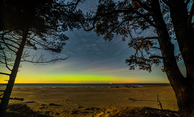 Intense northern lights (Aurora borealis) over Baltic sea - vintage look