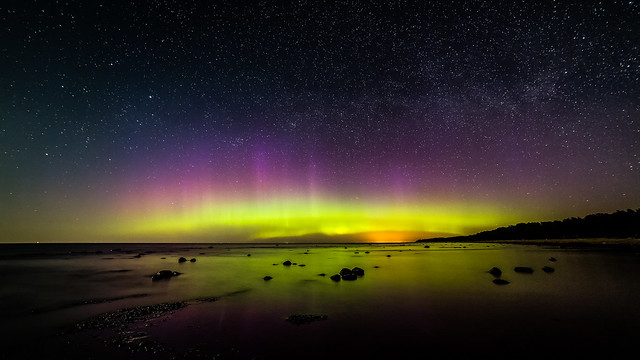 Intense northern lights (Aurora borealis) over Baltic sea