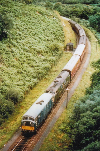 NBL Class 22 D6303 piloting an unidentified Warship on the Par-Newquay branch at Treffry Viaduct.