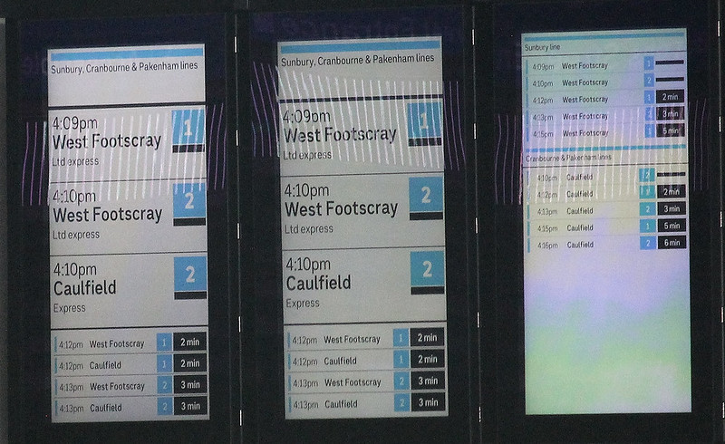 Screens at the entrance to Arden station, January 2024