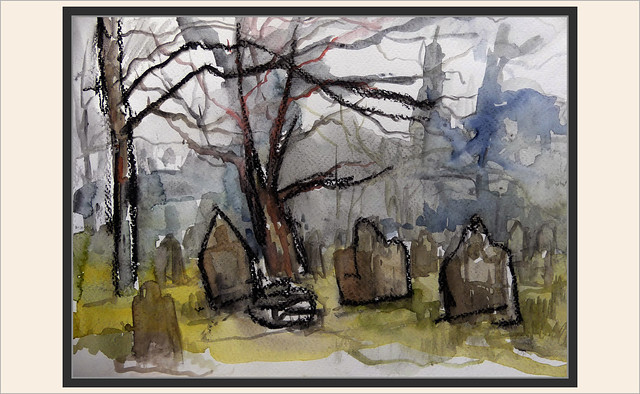 GRAVEYARD-HOLY TRINITY CHURCH-EAST FINCHLEY-LONDON-PAINTINGS-WATERCOLOR-WINTER-ERNEST DESCALS-ARTIST-PAINTER