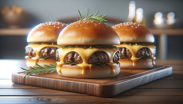 Drei köstliche Cheeseburger in einer Reihe mit Rosmarin