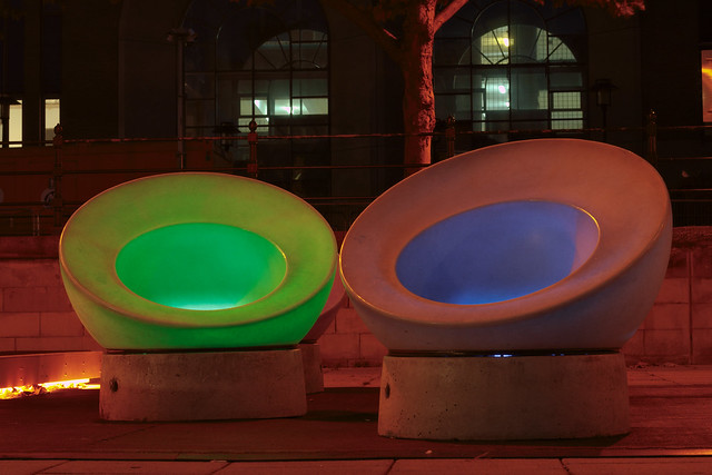 Illuminated circular seating on the quayside, Newcastle upon Tyne