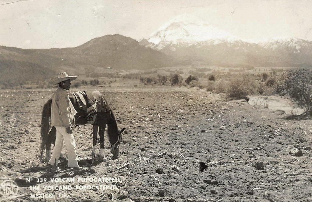 Vintage Postcard Mexico Volcano Popo gente man horse