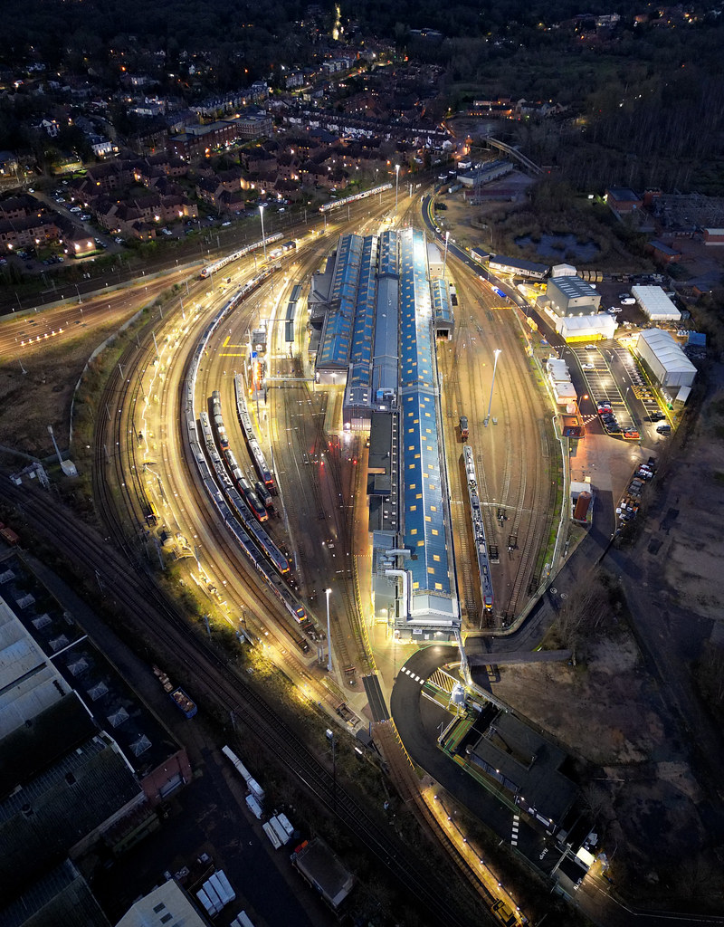 Crown Point train maintenance depot by night - Norwich aerial image