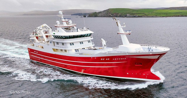 1 Artemis steaming in towards Lerwick harbour maiden voyage and first time in a British port after delivery as the crew left Denmark straight after the ceremony direct to the fishing grounds.