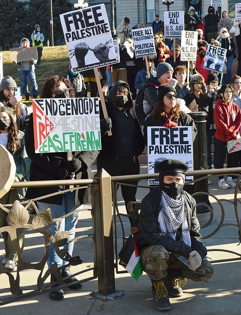 Demonstrators rallied at the State Capitol before marching through downtown Denver to protest Israeli attacks on Gaza.