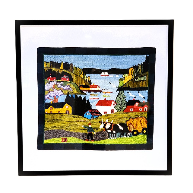 Hay Wagon and Cove by Maude Lewis, rendered in Rug Hooking