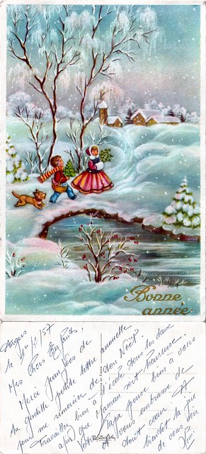 Bonne année - Dans la campagne sous la neige deux enfants rentrent au village - 1957