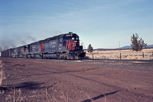 Southern Pacific SD-45 9121 westbound at Mt Hebron California.  March 6 1981.