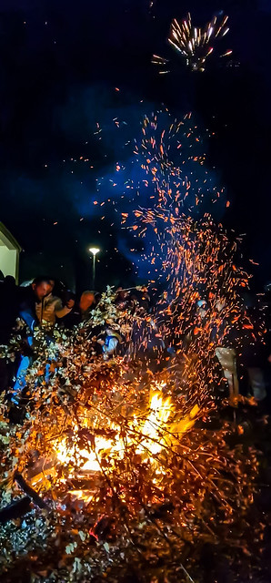 burning yule log and fireworks