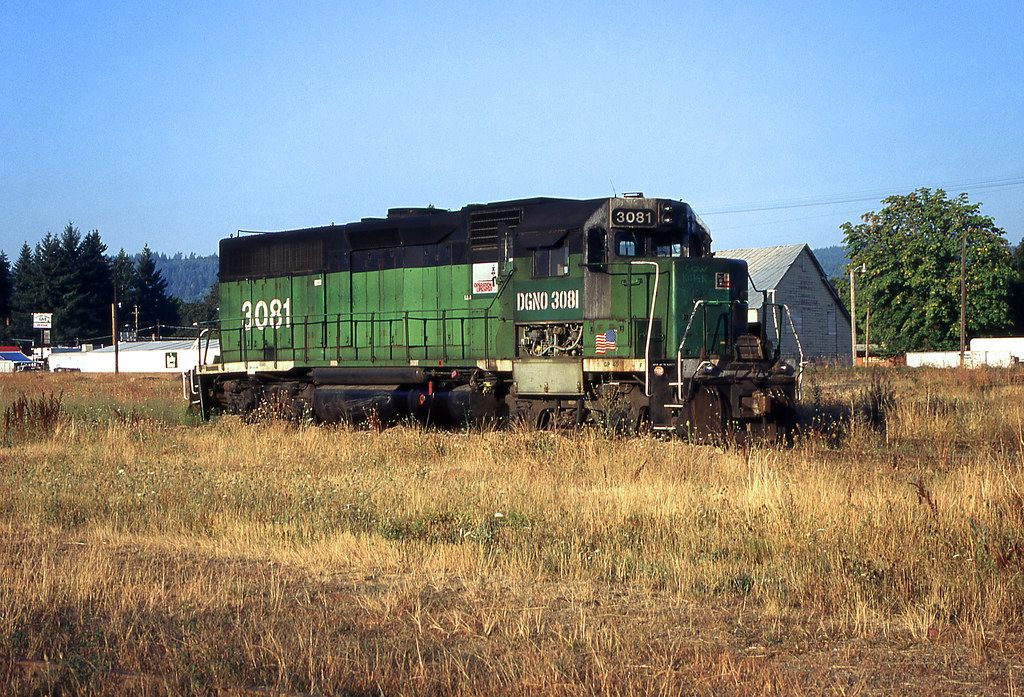 Central Oregon & Pacific former Dallas, Garland & Northeastern Railroad GP-40 3081.  Cottage Grove Oregon, September 10 1996.
