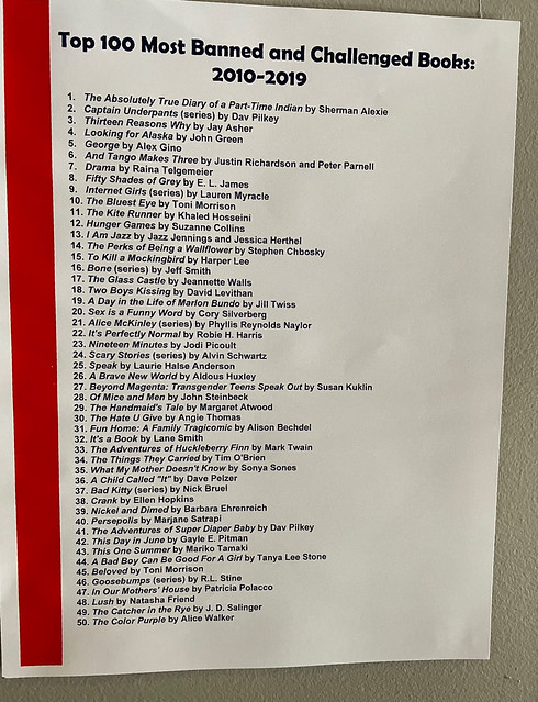 Most Banned Books 2010-2019, as displayed at the Kurt Vonnegut Museum, Indianapolis, IN