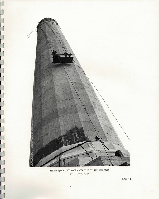 Kingston Power Station : souvenir of the opening by HM the King : 27 October 1948 : British Electricity Authority : 1948 : steeplejacks at work on the North Chimney