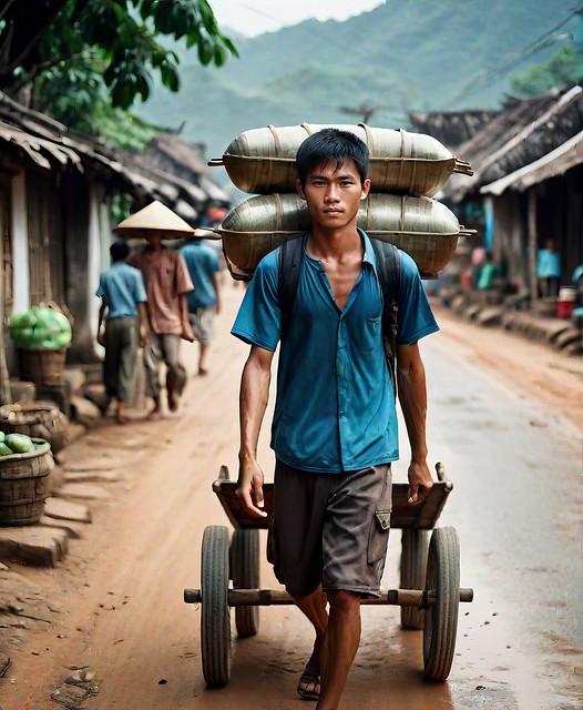 a young Vietnamese man carrying a jug of water through the village