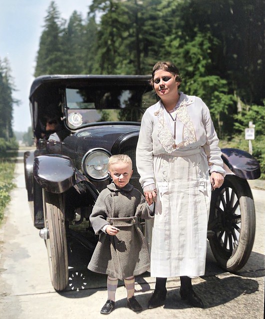 Unknown woman, boy and car, BC, ca 1920s