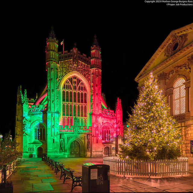 Bath Abbey & Christmas Tree - Red & Green