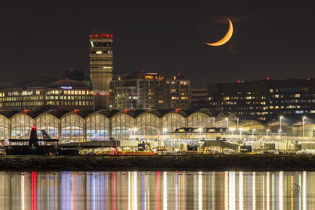 Waxing Crescent Moon setting over Regan National Airport (DCA)