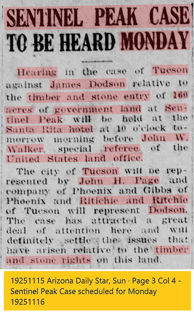 19251115 Arizona Daily Star, Sun · Page 3 Col 4 - Sentinel Peak Case scheduled for Monday 19251116