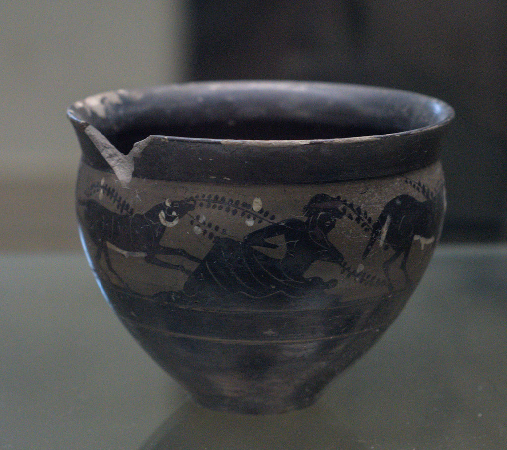 Athenian Black Figure mastoid cup with frieze of Silens and rams from Capua-Fornace T.832