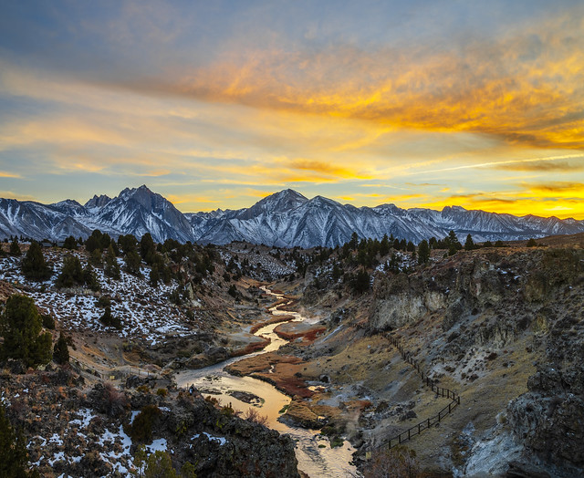 Mammoth Hot Creek Hot Springs Geological Site Winter Snow California Mountains River Beautiful Scenic View Susnset Landscape Photography Red Orange Clouds--American West Fine Art Landscape Nature Photography! Dr. Elliot McGucken Prints Master Fine Art