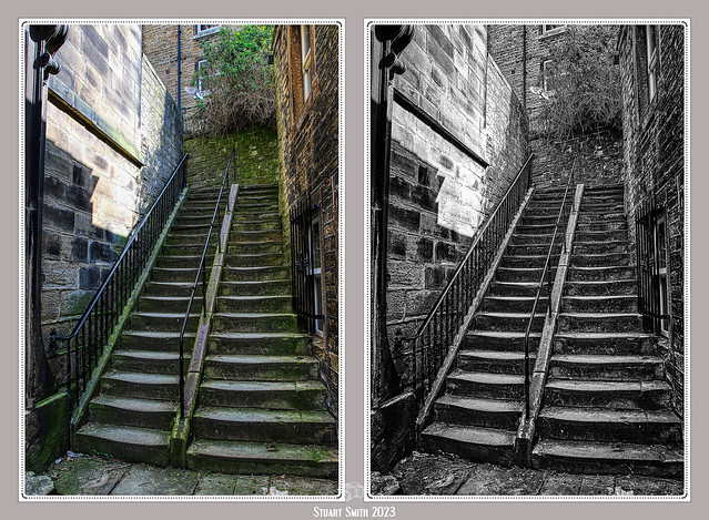 Steps Besides Sid's Café, Town Gate, Holmfirth, West Yorkshire, England UK