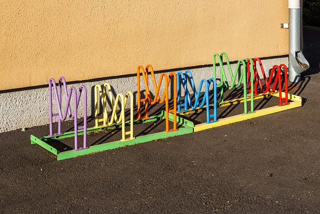 Colorful metal bicycle parking rack in Lysekil
