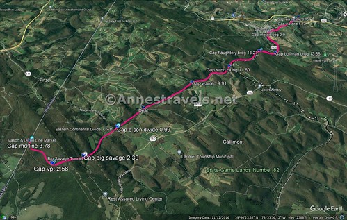 Visual route map of the Great Allegheny Passage between Salisbury Viaduct, Meyersdale, and the Mason & Dixon Line, Pennsylvania