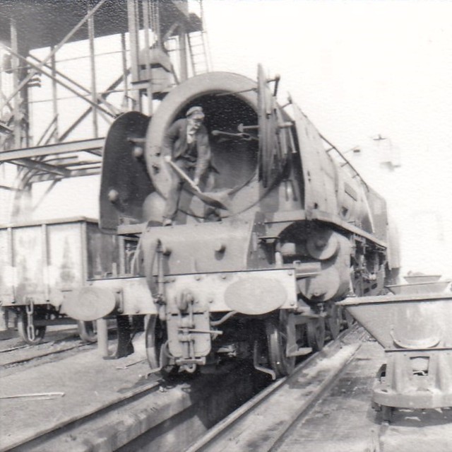An unidentified LMSR Stanier Duchess at Perth South, having her smokebox emptied.
