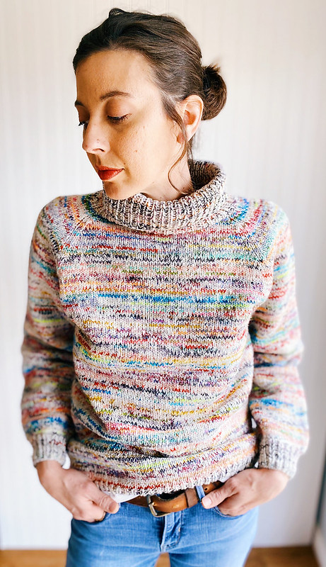 Stash Dive Raglan by Summer Lee was designed to use up some of her ever-growing collection of leftover sock yarn.
