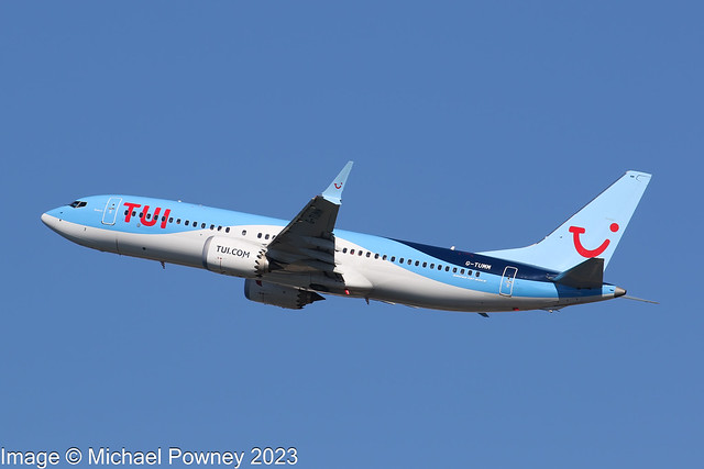 G-TUMM - 2022 build Boeing B737-MAX 8, climbing on departure from Runway 24R at Palma