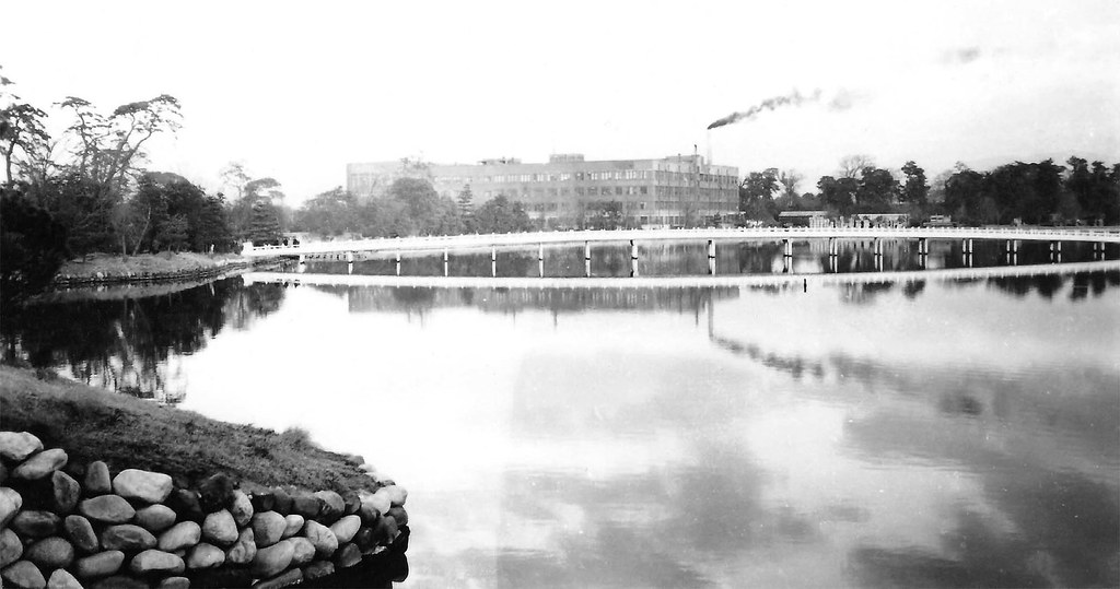 view across small lake at West (Nishi) Park in Fukuoka Japan abt 1947_toward USArmy hospital
